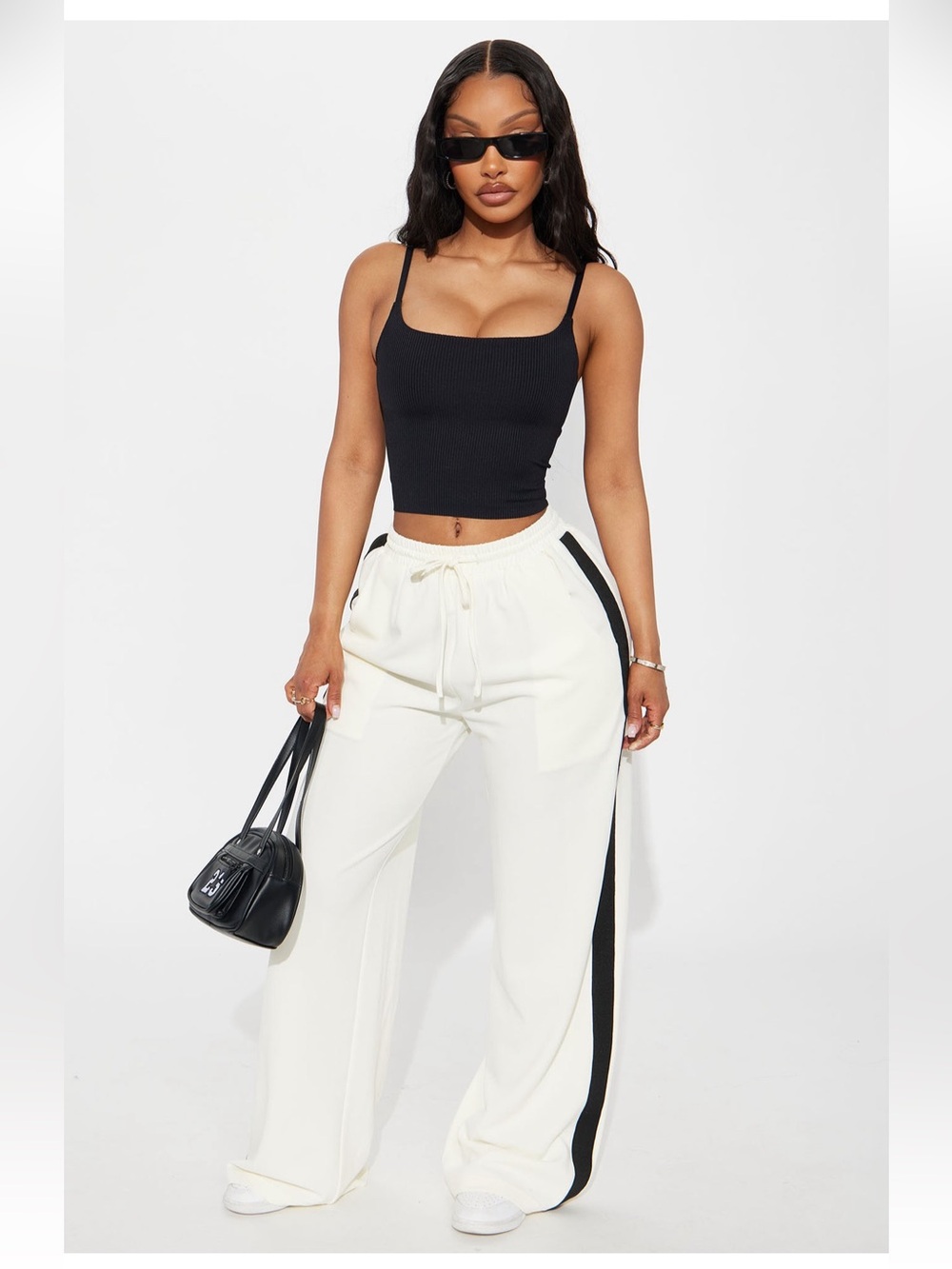 Fashion Nova Cream Wide-Leg Track Pants with Black Side Stripe